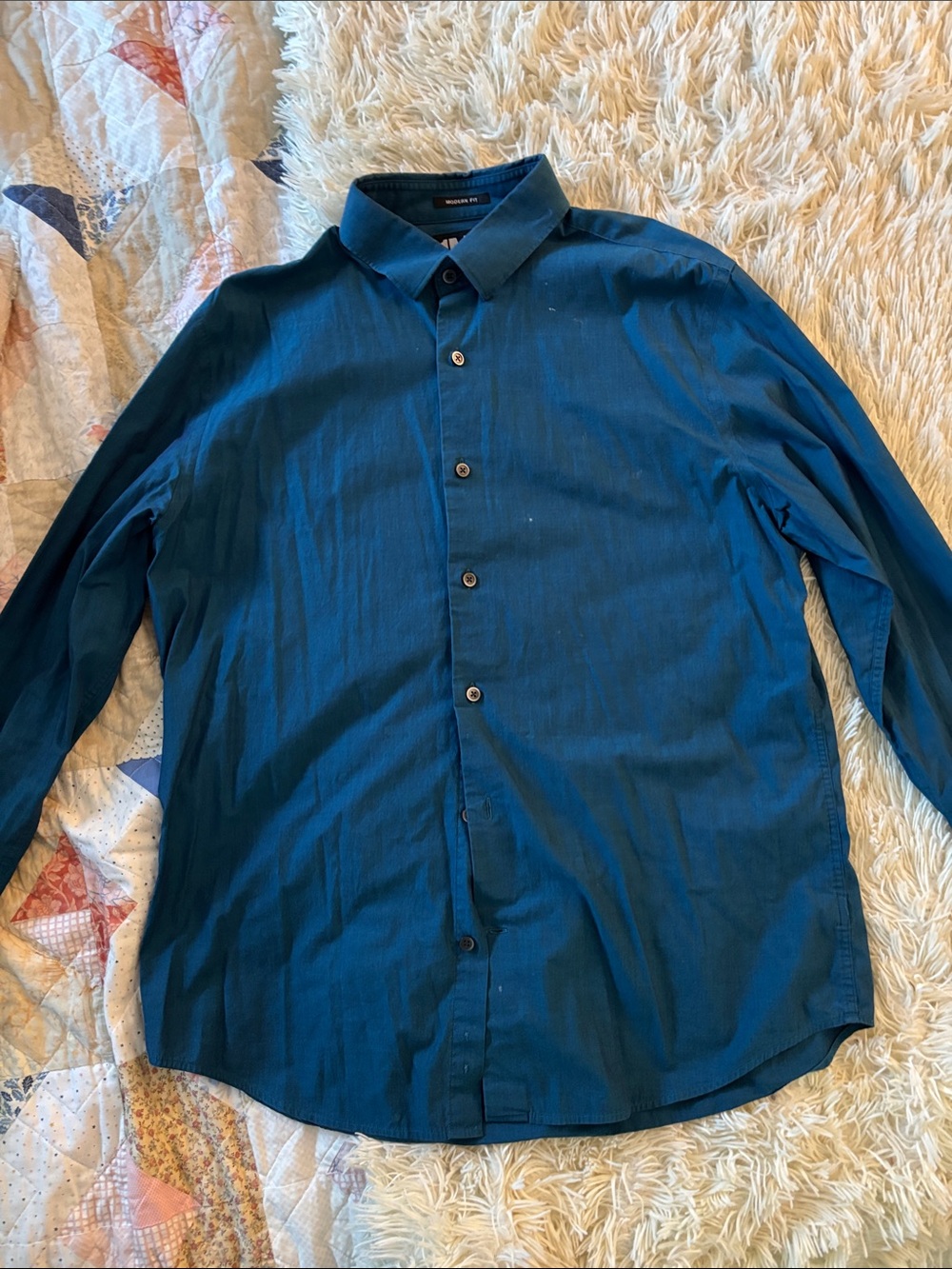 Express Men's Teal-Blue Long Sleeve Dress Shirt